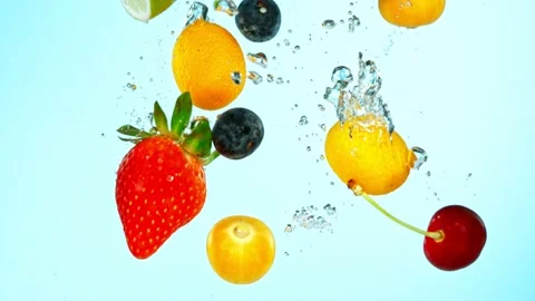 Fresh fruit with water splash, slow motion Stock Footage 139884597