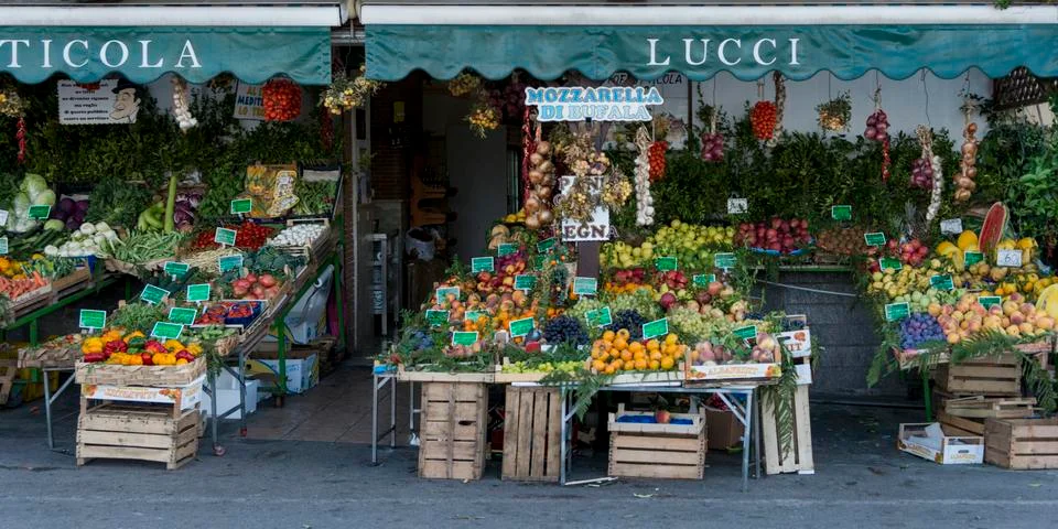 Fresh fruits and vegetables for sale in market, Forio, Ischia Island, Campania, Stock Photos