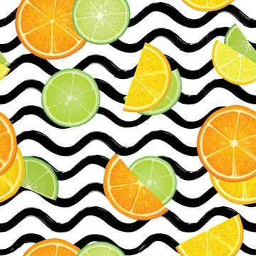 Fresh fruits summer seamles pattern. Fresh orange, lime sliced pieces. Stock Illustration