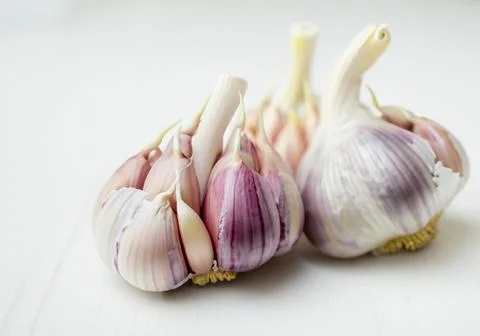 Fresh garlic on a white table Stock Photos