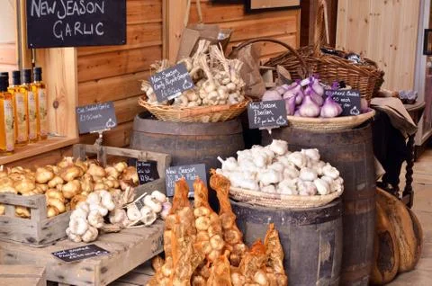 Fresh garlic in wicker baskets Stock Photos