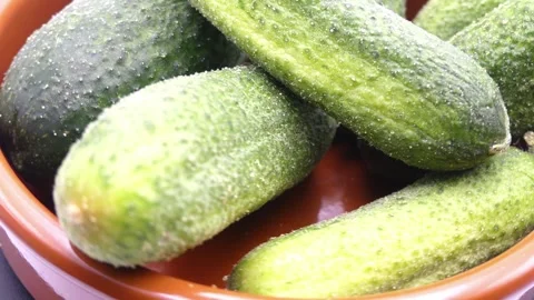 Fresh gherkins rotating in deep plate on white background Vídeo Stock 342984778