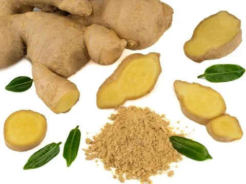 Fresh ginger and dried ginger on white bakground Stock Photos