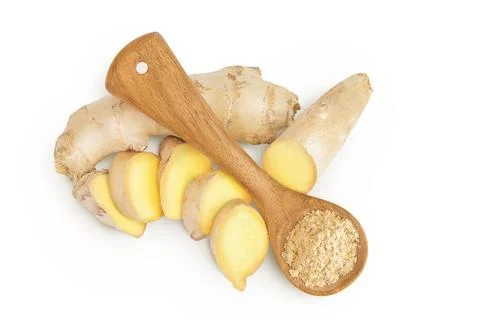 Fresh ginger and ground ginger in wooden spoon spice isolated on white Stock Photos