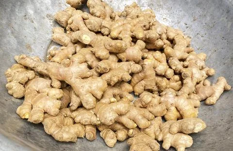 Fresh ginger pile full frame, A close-up view of a large pile of fresh ginger ro Stock Photos