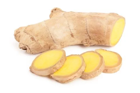 Fresh Ginger root and slice isolated on white background Stockfoto's