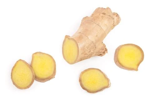 Fresh Ginger root and slice isolated on white background with copy space for Stockfoto's