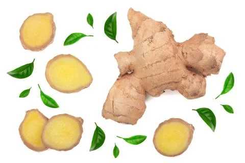 Fresh Ginger root and slice isolated on white background. Top view. Flat lay Stockfoto's