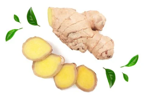 Fresh Ginger root and slice isolated on white background. Top view. Flat lay Stockfoto's