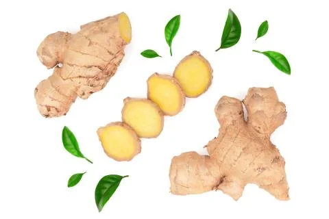 Fresh Ginger root and slice isolated on white background with copy space for Stockfoto's