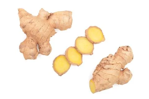 Fresh Ginger root and slice isolated on white background with copy space for Stockfoto's