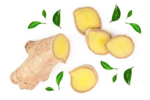 Fresh Ginger root and slice isolated on white background. Top view. Flat lay Stockfoto's