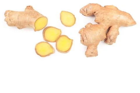 Fresh Ginger root and slice isolated on white background with copy space for Stockfoto's