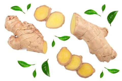 Fresh Ginger root and slice isolated on white background. Top view. Flat lay Stockfoto's