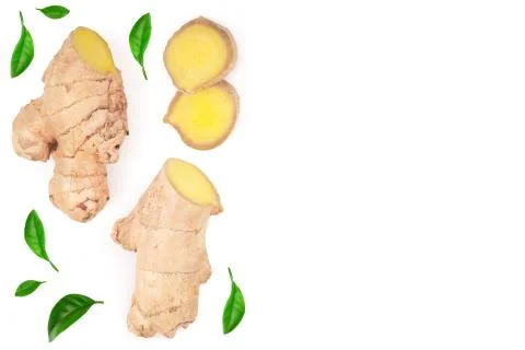 Fresh Ginger root and slice isolated on white background with copy space for Stockfoto's