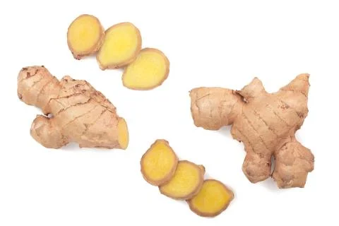 Fresh Ginger root and slice isolated on white background. Top view. Flat lay Stockfoto's