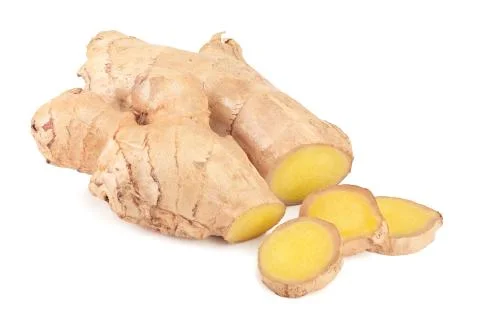 Fresh Ginger root and slice isolated on white background Stockfoto's