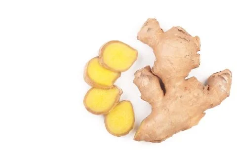 Fresh Ginger root and slice isolated on white background. Top view. Flat lay Stockfoto's