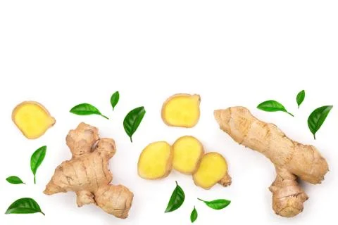Fresh Ginger root and slice isolated on white background with copy space for Stockfoto's