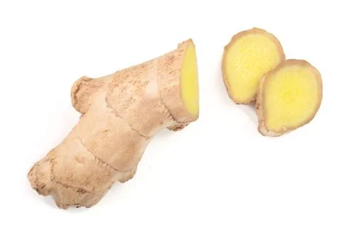 Fresh Ginger root and slice isolated on white background. Top view. Flat lay Stockfoto's
