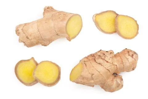 Fresh Ginger root and slice isolated on white background. Top view. Flat lay Stockfoto's