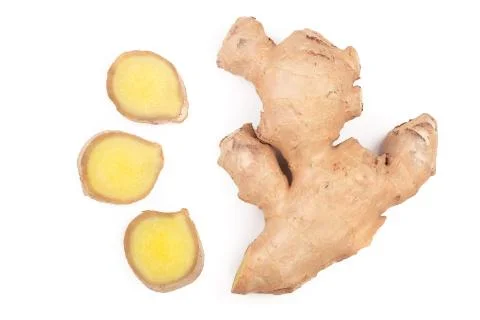 Fresh Ginger root and slice isolated on white background. Top view. Flat lay Stockfoto's