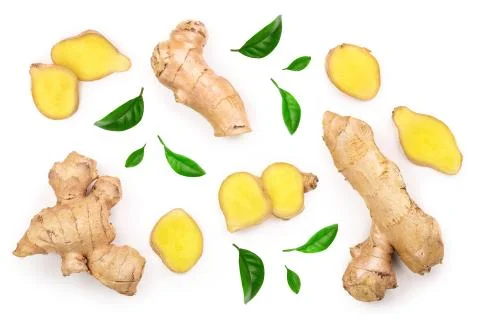 Fresh Ginger root and slice isolated on white background. Top view. Flat lay Stockfoto's