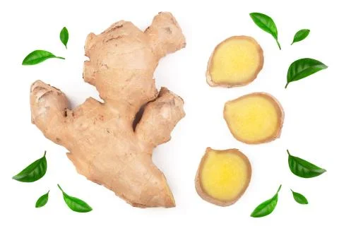 Fresh Ginger root and slice isolated on white background. Top view. Flat lay Stockfoto's