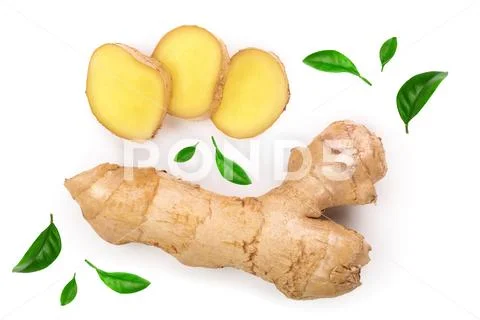 Fresh Ginger root and slice isolated on white background. Top view. Flat lay Stock Photos