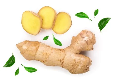 Fresh Ginger root and slice isolated on white background. Top view. Flat lay Stockfoto's