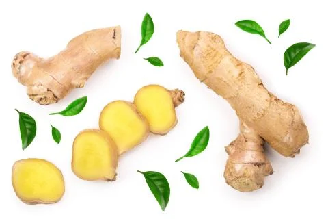 Fresh Ginger root and slice isolated on white background. Top view. Flat lay Stockfoto's