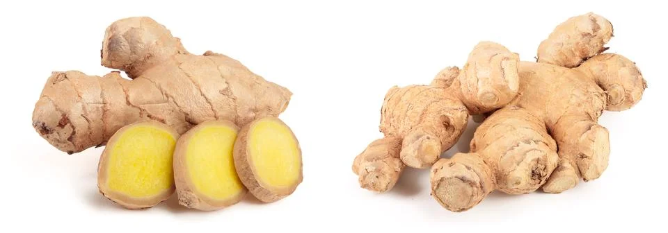Fresh Ginger root and slice isolated on white background Stockfoto's