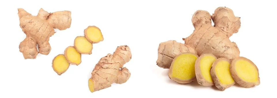Fresh Ginger root and slice isolated on white background with copy space for Stockfoto's