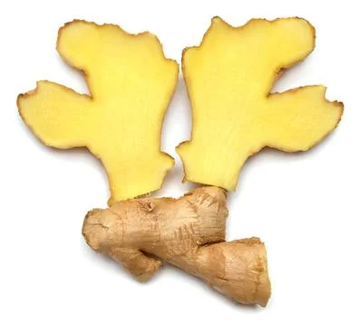 Fresh ginger root and slice isolated on white background. Creative medical .. Stock Photos