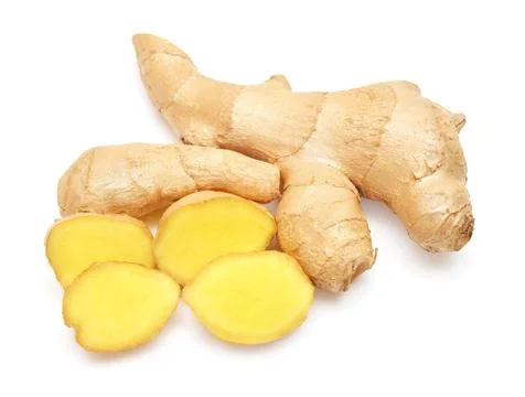 Fresh ginger root and slice isolated on white background. Creative medical .. Stock Photos