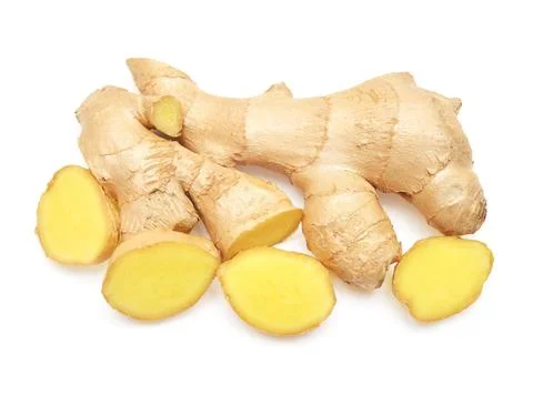 Fresh ginger root and slice isolated on white background. Creative medical .. Stock Photos
