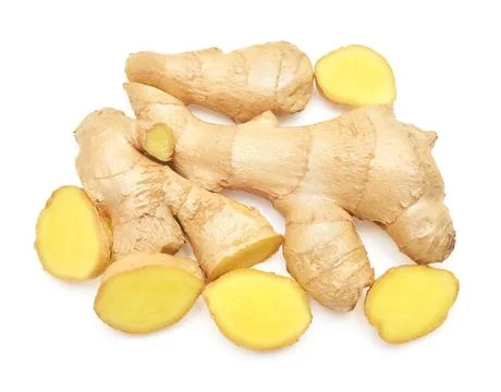 Fresh ginger root and slice isolated on white background. Creative medical .. Stock Photos