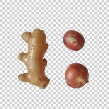 Fresh ginger root and two small red shallot onions for cooking healthy food Фото