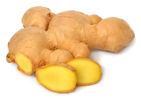 Fresh ginger root cut into cubes isolated on a white background Foto stock