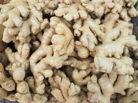 Fresh ginger root, full frame. Stock Photos