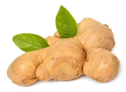 Fresh ginger root with leaves isolated on white background Foto stock