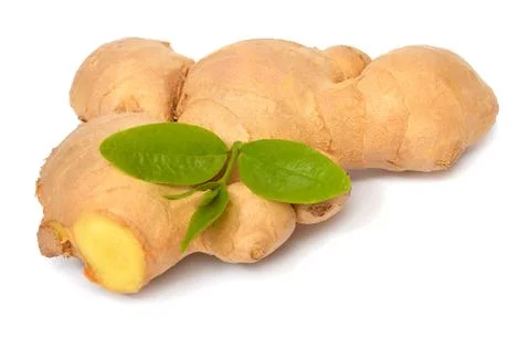 Fresh ginger root with leaves isolated on white background Foto stock