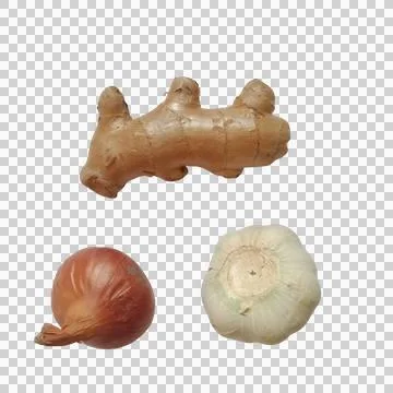 Fresh ginger root with a red shallot onion and a clove of white garlic for .. Stock-Fotos