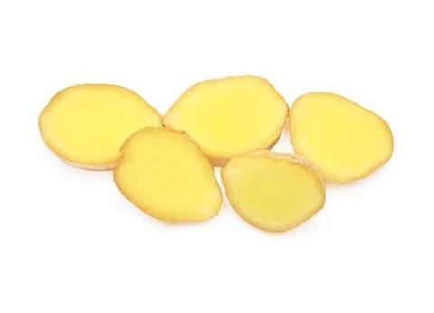 Fresh ginger root slice isolated on white background. Creative medical conc.. Stock Photos