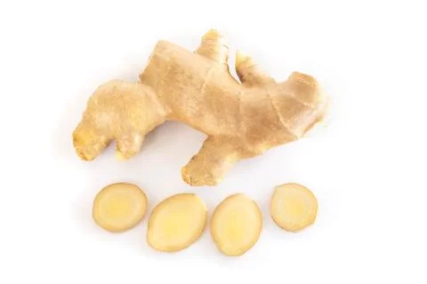 Fresh ginger root with sliced islolated on white background for herb and medi Stock Photos