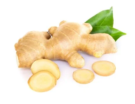 Fresh ginger root with sliced islolated on white background for herb and medi Stock Photos