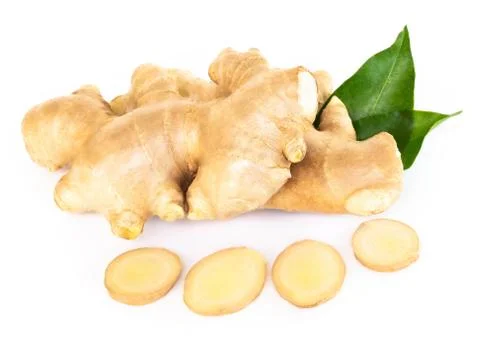 Fresh ginger root with sliced islolated on white background for herb and medi Stock Photos