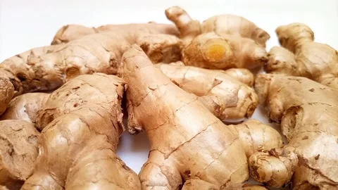 Fresh ginger roots or ginger rhizome rotating on white background Stock Footage 310999599