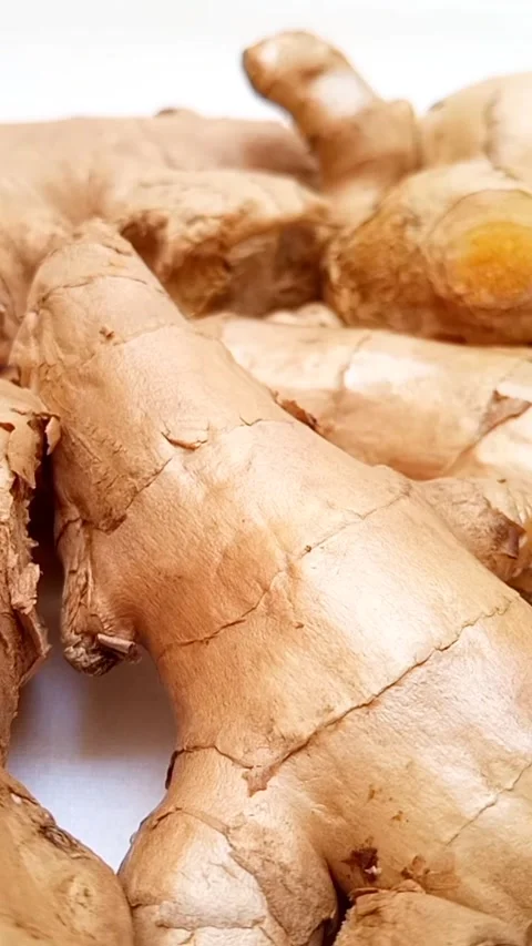 Fresh ginger roots or ginger rhizome rotating on white background, vertical clip Stock Footage 310999724