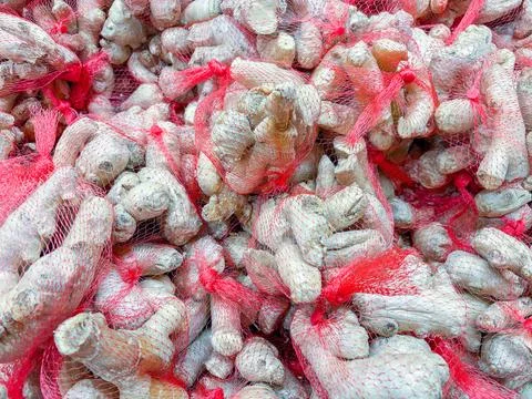Fresh ginger roots packed in red mesh bags at a market Stockfoto's